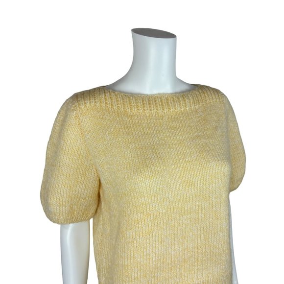 Vintage 80s Crochet Sweater Yellow Handmade Knit Short Sleeve Pullover - Picture 3 of 7